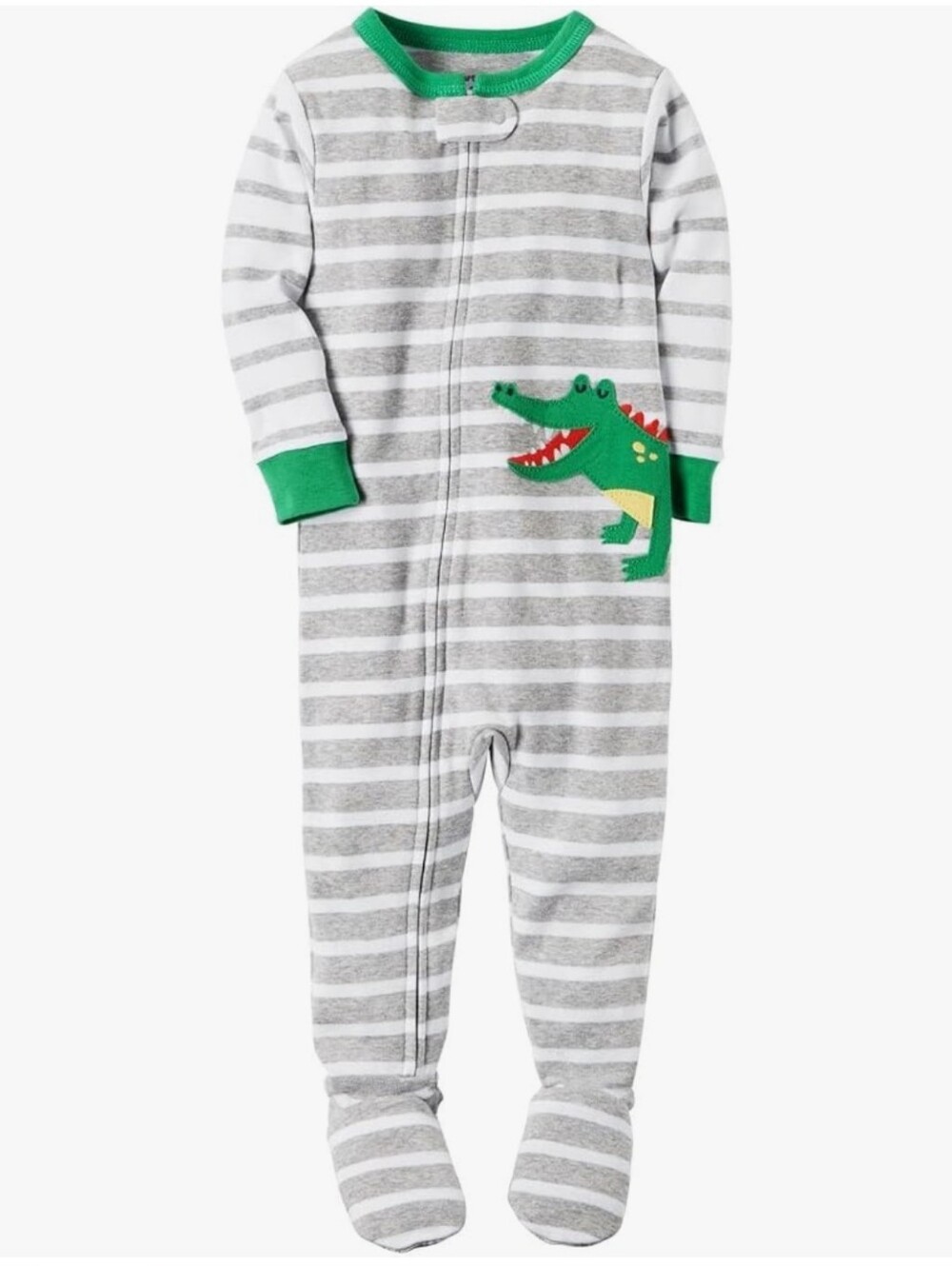 Carter's Grey Stripe Alligator Zip One-Piece - Grey & Green Soft Cotton.